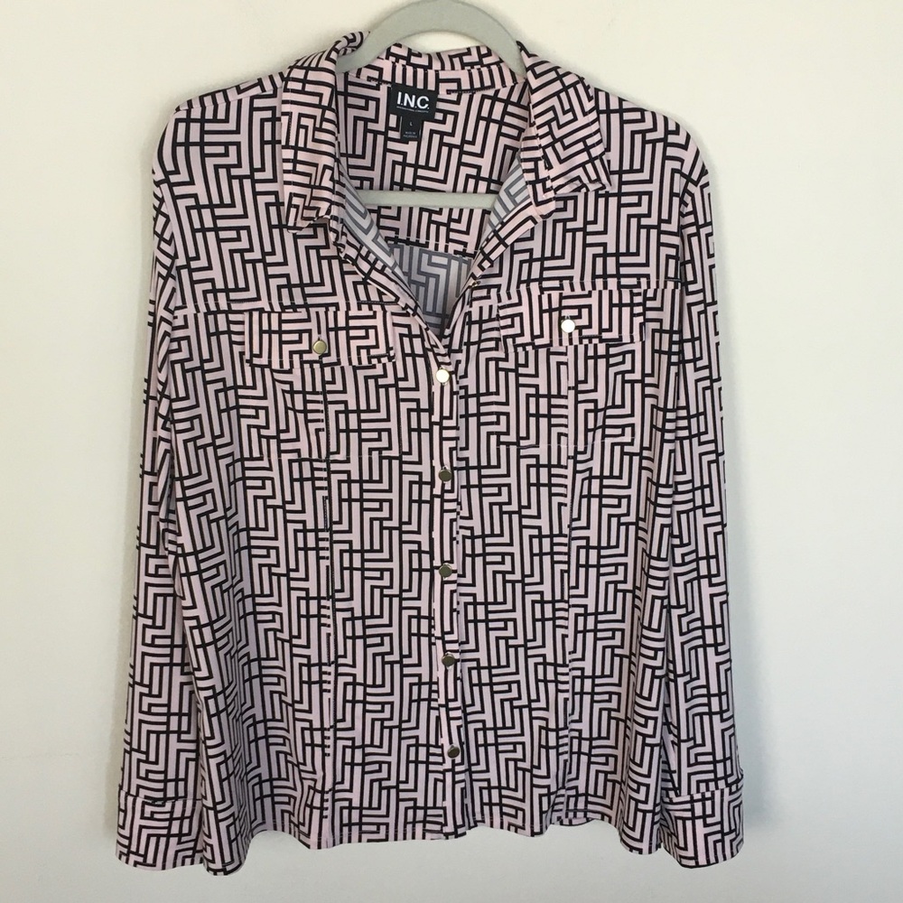 INC International Concepts Pink and Black Geometric Button-Down Shirt